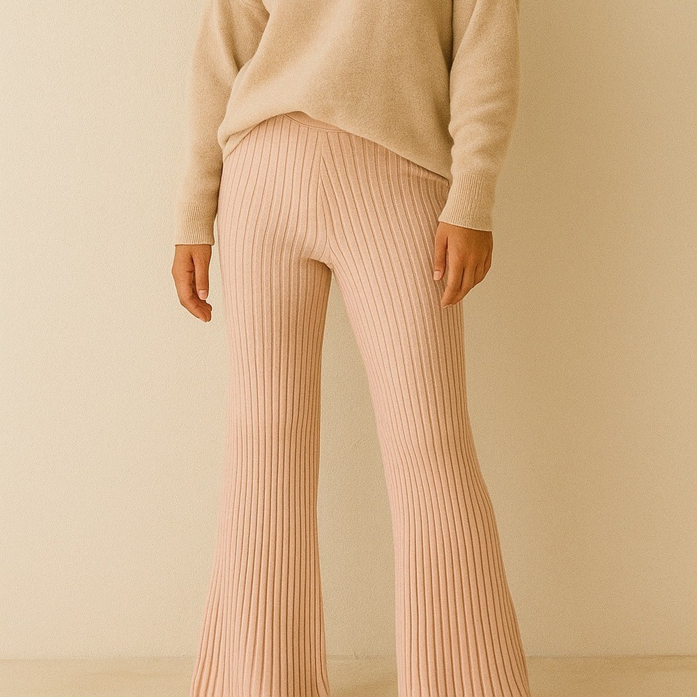 Aerie Ribbed Knit Flare Lounge pants Tan Beige High Waisted Cozy Medium Long